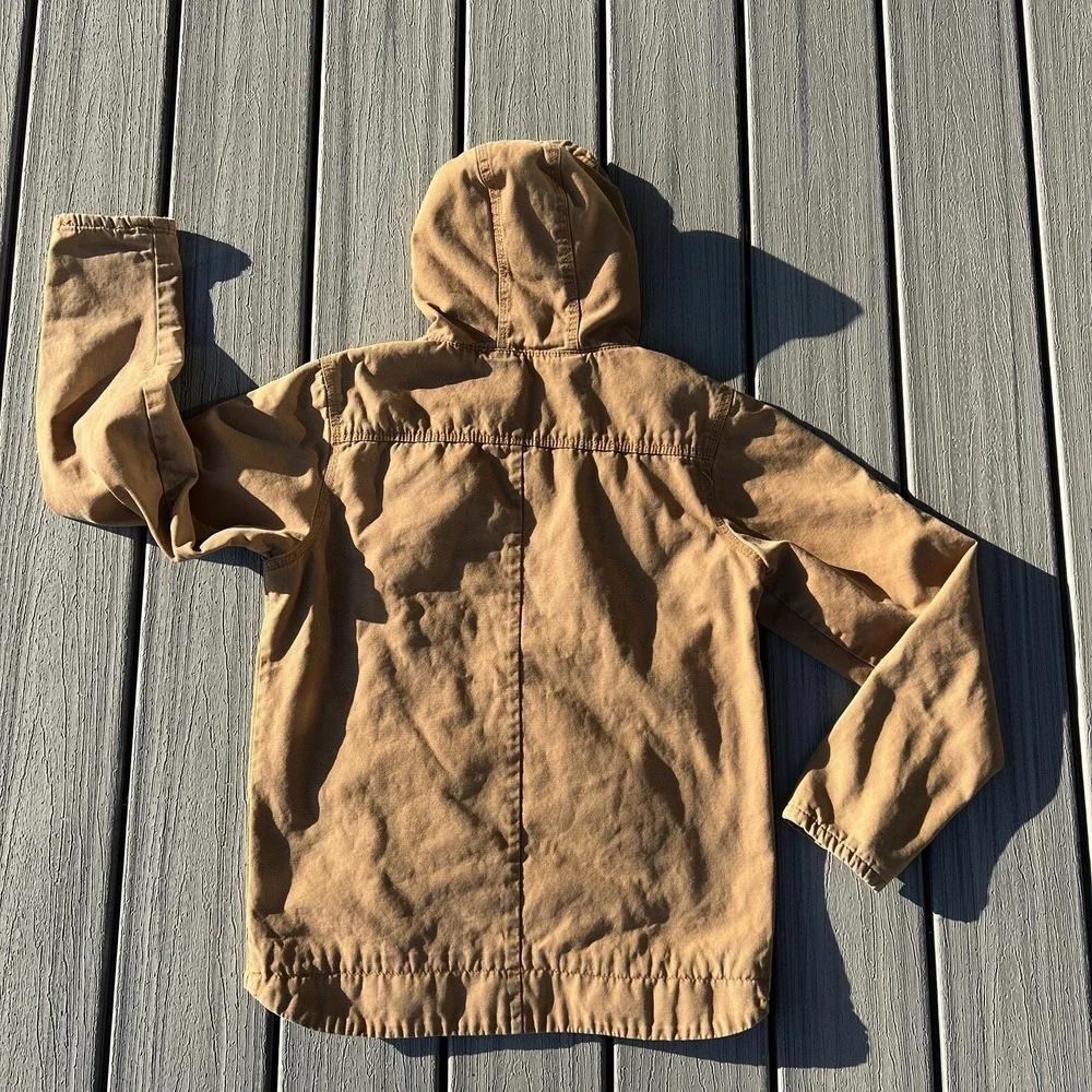 Vtg Walls Duck Canvas Hooded Work Jacket Tan Plaid Lined Chore Coat Men's Small